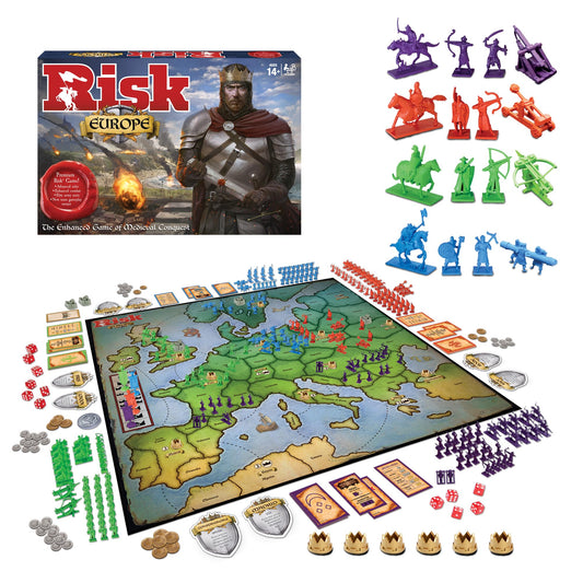 Winning Moves Risk game, Medieval European strategy, 2-4 players, Ages 14+, Blue.