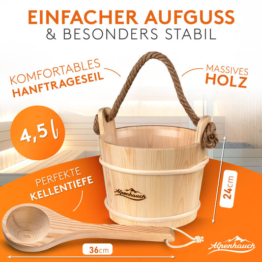 ALPENHAUCH Sauna Bucket with Ladle [100% natural wood] - Premium sauna bucket set with sauna hourglass & thermometer/hygrometer - Durable sauna accessory - Infusion bucket set includes practical sauna booklet