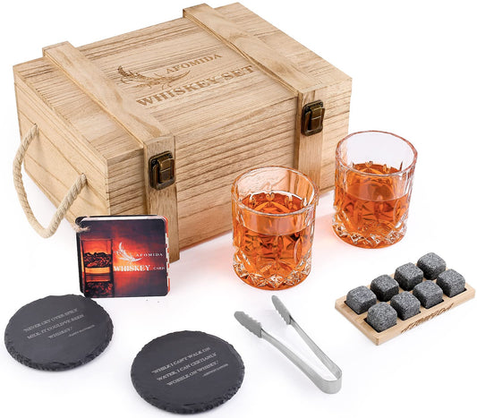 Whiskey glass and stone set gift for men husband dad special gift - 8 whiskey granite cooling stones - 2 glasses 10 oz - 2 coasters - tongs cocktail recipe wooden box Christmas/birthday.