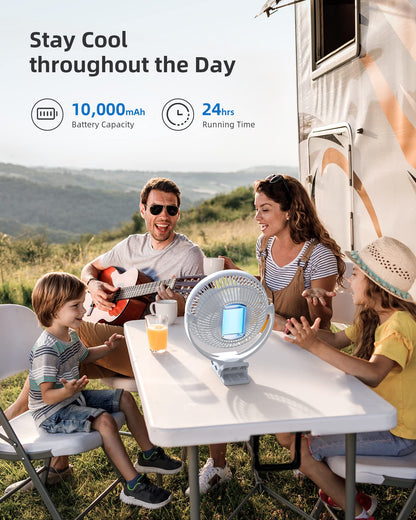 Koonie 20cm Portable Clip-On Fan, USB Table Fan with 10,000mAh Battery, 4 Speeds, Rechargeable Table Fan for Home, Office, Stroller, Camping (White)