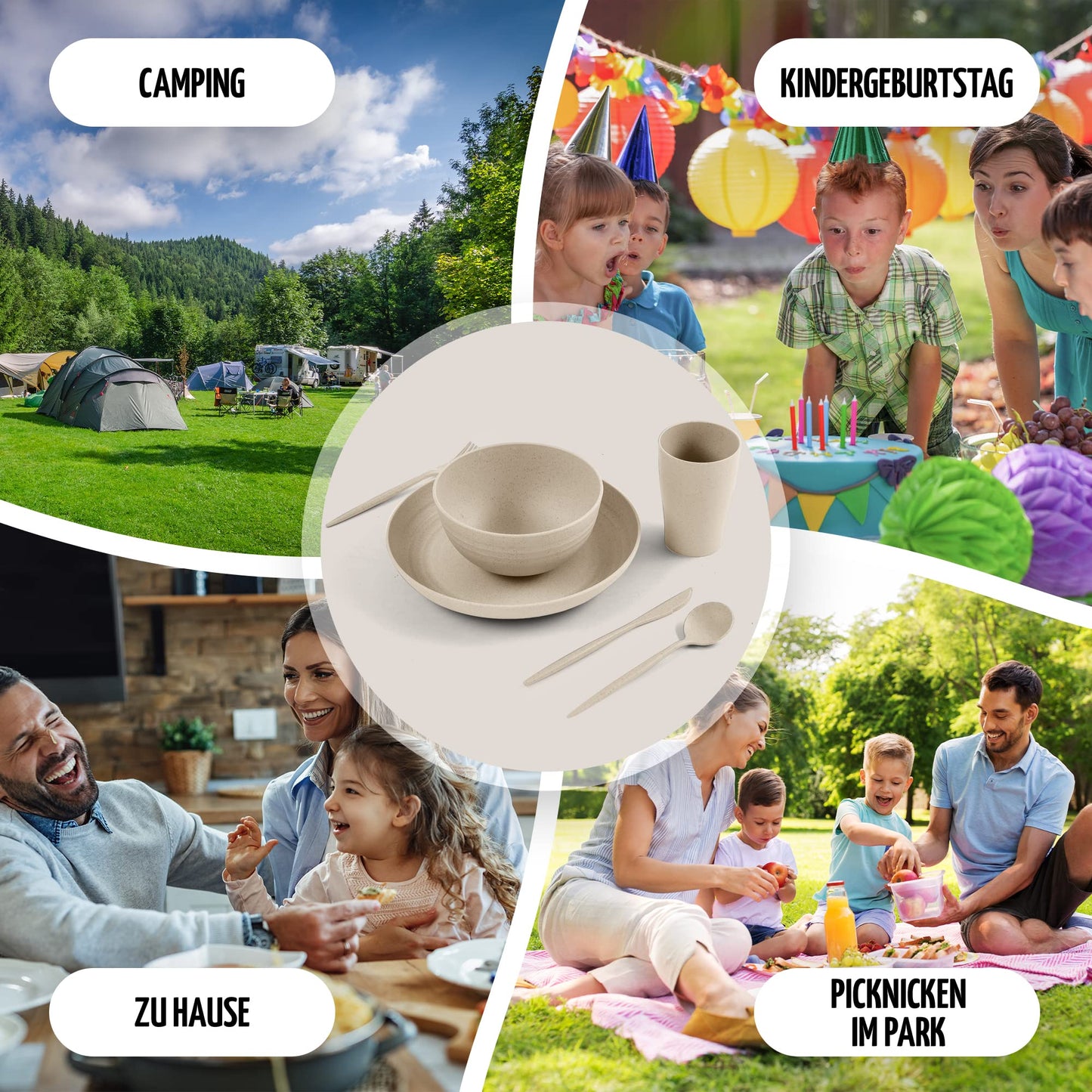 Ecofolks environmentally friendly camping dinnerware set -100% recycled material | Reusable, colorful, for RV, picnic, outdoor & kids | Color beige