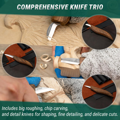 BeaverCraft Wood Carving Set Deluxe Carving Knife Set S15X - Wood Carving Tools and Leather Strop for Sharpening with Polishing Compound - Carving Knives, Gouges, Chisels.