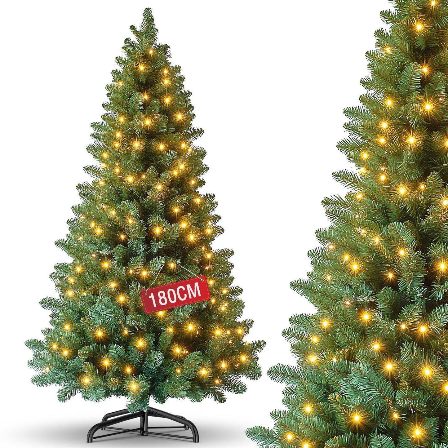 Artificial Christmas tree with LED lighting, 180cm artificial PVC pine tree with metal stand, premium Nordmann fir, flame-retardant automatic Christmas tree, lifelike artificial pine tree