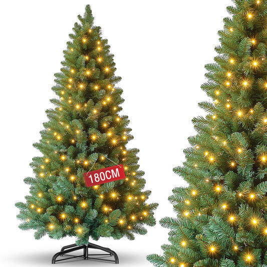 Artificial Christmas tree with LED lighting, 180cm artificial PVC pine tree with metal stand, premium Nordmann fir, flame-retardant automatic Christmas tree, lifelike artificial pine tree