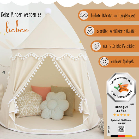 LIONHERZ® THE ORIGINAL play tent for kids, breathable cotton & hemp | Fairy tale castle with fiberglass poles and carrying bag | sturdy teepee for boys girls (cream white, without accessories)