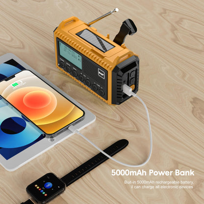 Crank radio with 5000mAh battery, portable solar radio with LED flashlight & reading light, DAB+ jobsite radio IPX4, emergency radio and SOS alarm. Suitable for hiking, camping, outdoor activities. Yellow DAB model.