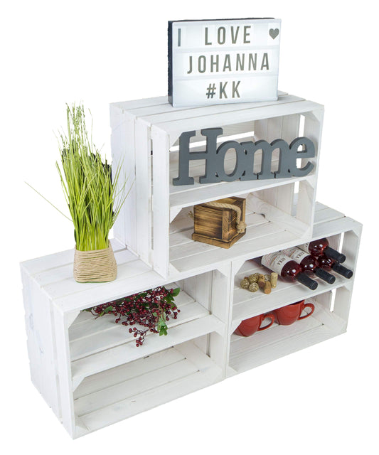 3-piece set of new white fruit crates with middle shelf. Perfect for storing apples, wine bottles, or as a shoe rack. Size: 50 x 30 x 40 cm (WHITE WITH INSERT "LONGWAYS")