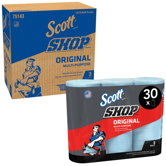 Scott Shop Towels Original 75143 - Durable cleaning cloths in blue - 10 packs of 3 blue rolls with 55 disposable wipes each (1,650 total paper wipes) - Wipes