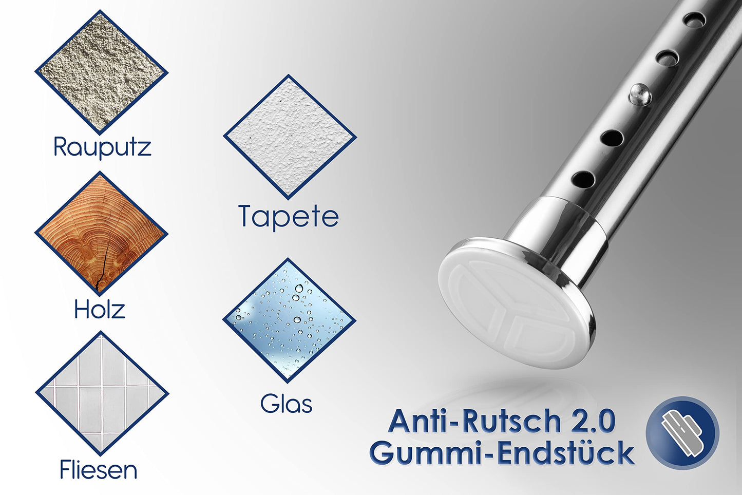 MEISENBERG Shower Curtain Rod without drilling 160-210cm, Silver, Ø 25 mm, Telescopic Curtain Rod Clips - Telescopic Rod for windows, showers and partitions.