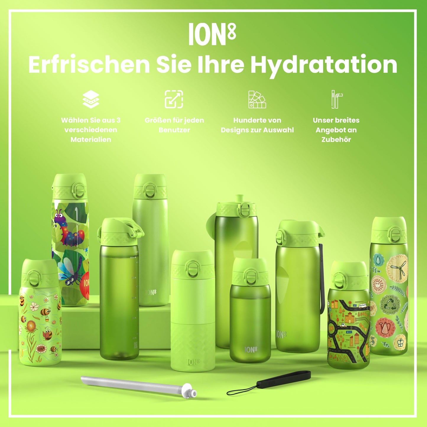 ion8 1 liter water bottle, 1000ml, leak proof, one-handed opening, secure locking, dishwasher safe, BPA-free, carrying handle, easy to clean, perfect for sports and gym, khaki green