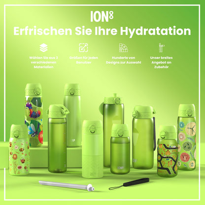 ion8 1 liter water bottle, 1000ml, leak proof, one-handed opening, secure locking, dishwasher safe, BPA-free, carrying handle, easy to clean, perfect for sports and gym, khaki green