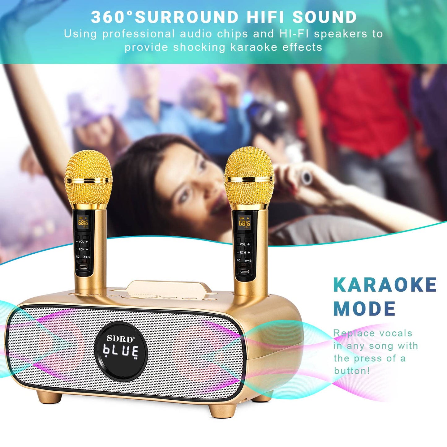 Karaoke Machine, Bluetooth karaoke system for adults and children, portable PA system with 2 microphones, speaker with phone holder/USB/TF-card/AUX-In, for home parties, picnics, outdoor/indoor (Gold)