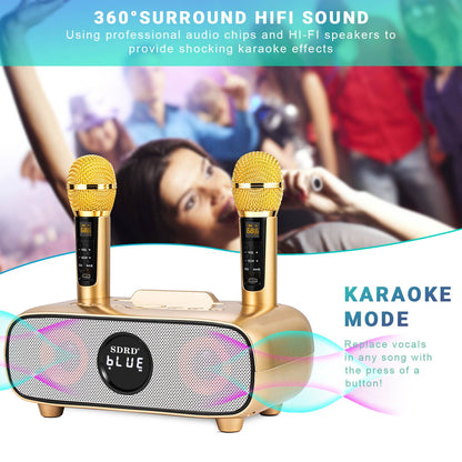 Karaoke Machine, Bluetooth karaoke system for adults and children, portable PA system with 2 microphones, speaker with phone holder/USB/TF-card/AUX-In, for home parties, picnics, outdoor/indoor (Gold)