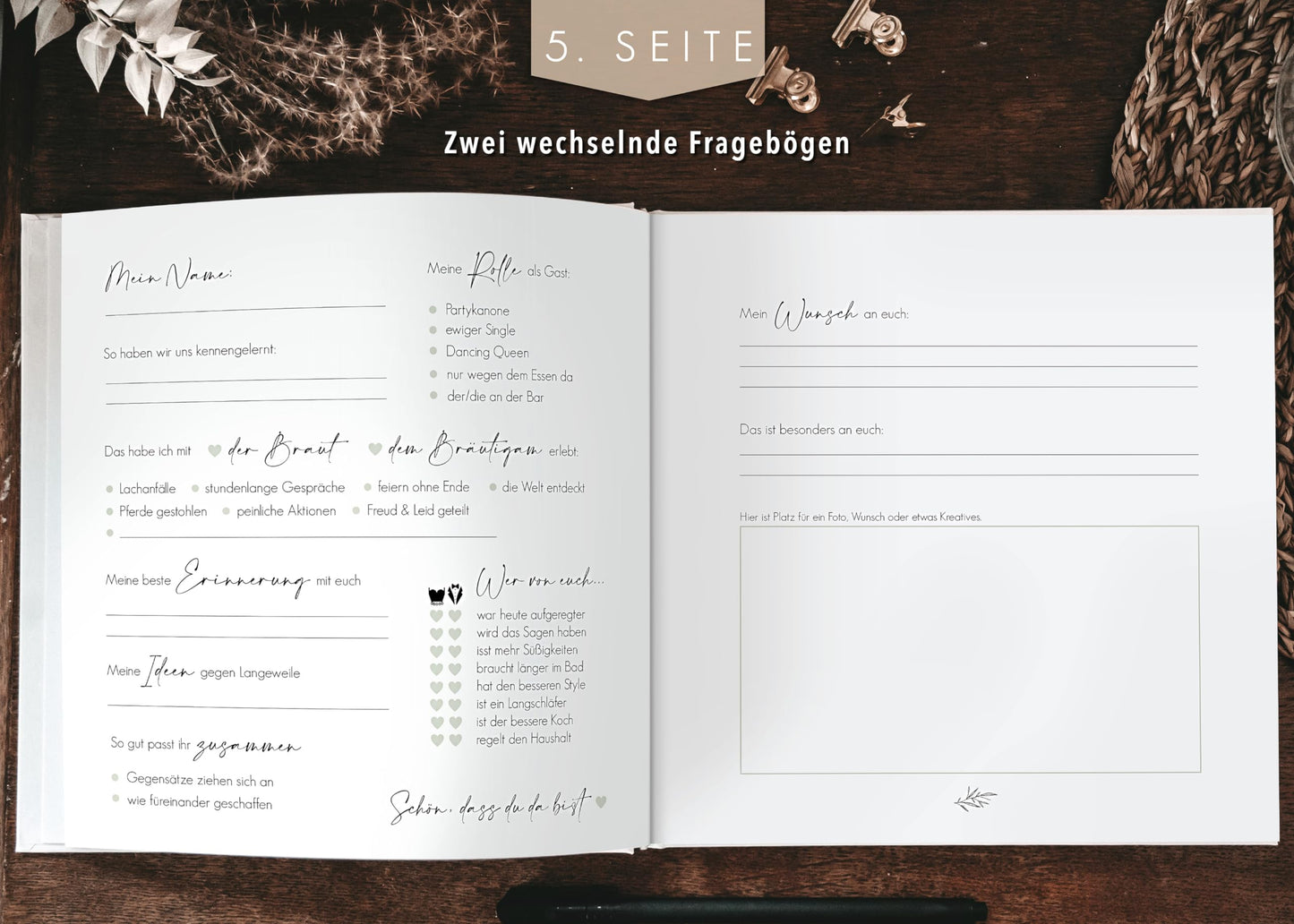 "Love and Air guestbook for wedding with fill-in questions, Vintage, gold foil accents, Hardcover - Eucalyptus"