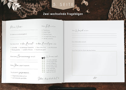 "Love and Air guestbook for wedding with fill-in questions, Vintage, gold foil accents, Hardcover - Eucalyptus"