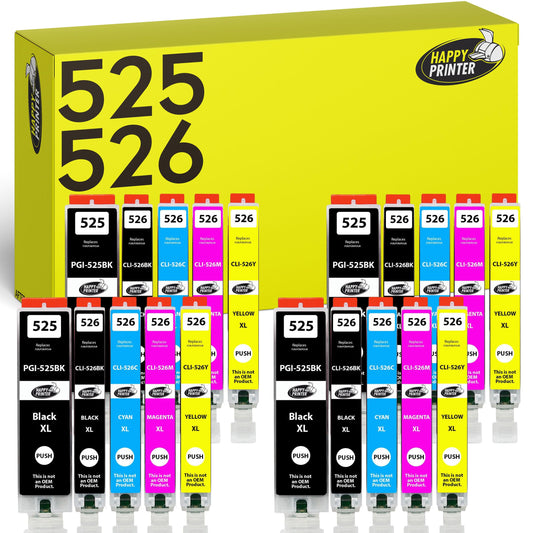 Happy Printer 20 ink cartridges compatible with Canon PGI-525 / CLI-526 for Pixma IP4850 IP4950 IX6550 MG5140 MG5150 MG5240 MG5250 MG5300 MG5340 MG5350 MX715 MX885 MX895.
