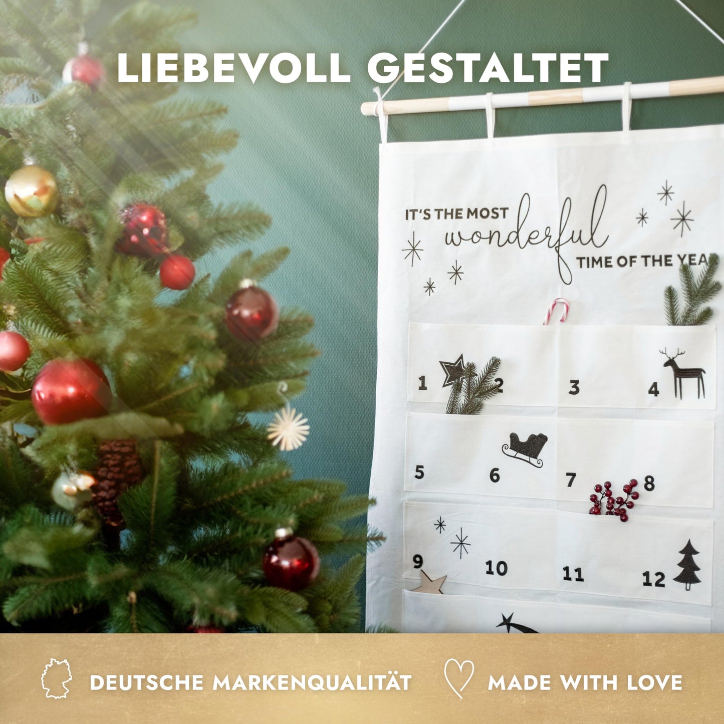 AMARI ® Filling Advent Calendar Black & White - XXL wall calendar (70 x 130 cm) with 24 compartments for crafting for Christmas - Hanging fabric advent calendar - Christmas calendar