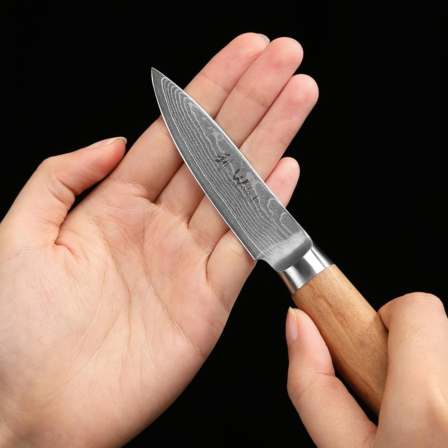 Wakoli Olive Damascus Office Knife | 8.5 cm blade made of 67 layers of Damascus steel with VG10 core | ergonomic olive wood handle | for fruits, vegetables & herbs | in gift box for professional & hobby chefs