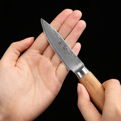 Wakoli Olive Damascus Office Knife | 8.5 cm blade made of 67 layers of Damascus steel with VG10 core | ergonomic olive wood handle | for fruits, vegetables & herbs | in gift box for professional & hobby chefs