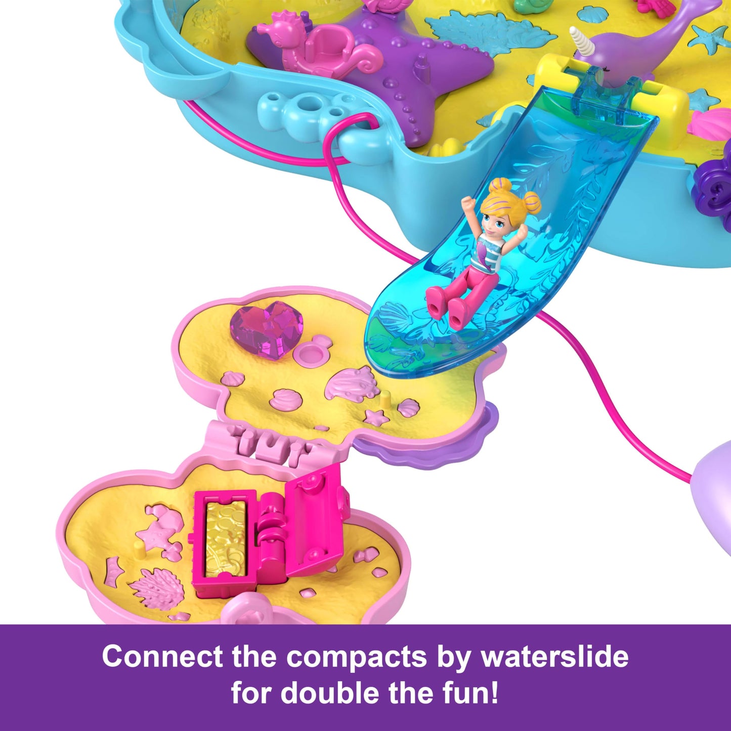 Polly Pocket dolls and playset with animals and 13 accessories, 2-in-1 Daddy and Me seahorse case, portable bag and animal toys, featuring Shani, HWP03.