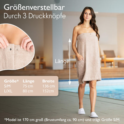 Liebenstein® Premium Sauna Wrap for Women with Buttons - in 2 Sizes - made of finest cotton - perfect fit for a non-slip sauna experience - fluffy & soft women's sauna towel.