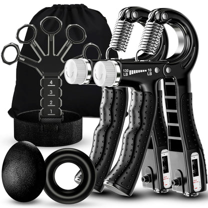 ALMAH Hand Trainer training set (5-pack), finger trainer grip strength trainer set, 2 adjustable resistance forearm trainers, finger stretcher, training ring & stress relief grip ball with carrying bag.