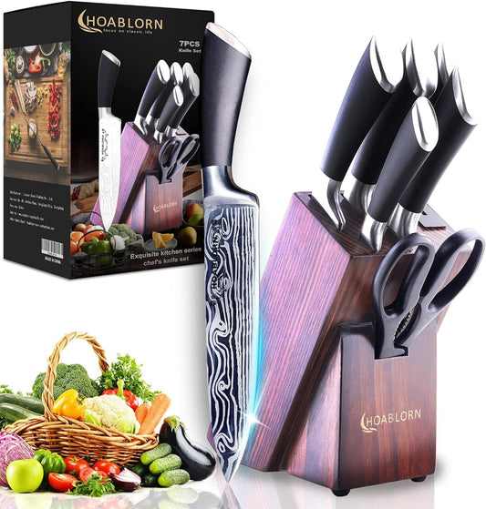 HOABLORN Professional Knife Block Set Professional Kitchen Knives with Wooden Block Knife Set with Wooden Knife Holder Great for home cooks Wedding Housewarming Gift