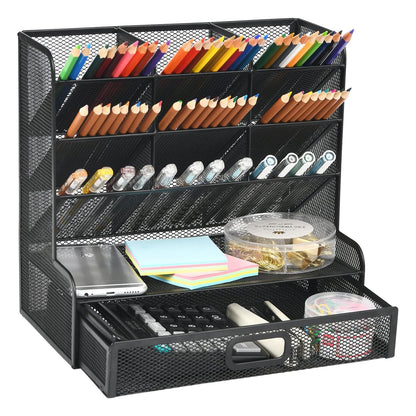 Marbrasse Mesh Desk Organizer, Multifunctional Pen Holder, Desk Organizer, Storage Shelf for School and Home Office Supplies (Black with Drawer)
