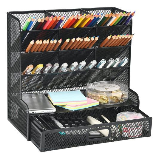 Marbrasse Mesh Desk Organizer, Multifunctional Pen Holder, Desk Organizer, Storage Shelf for School and Home Office Supplies (Black with Drawer)