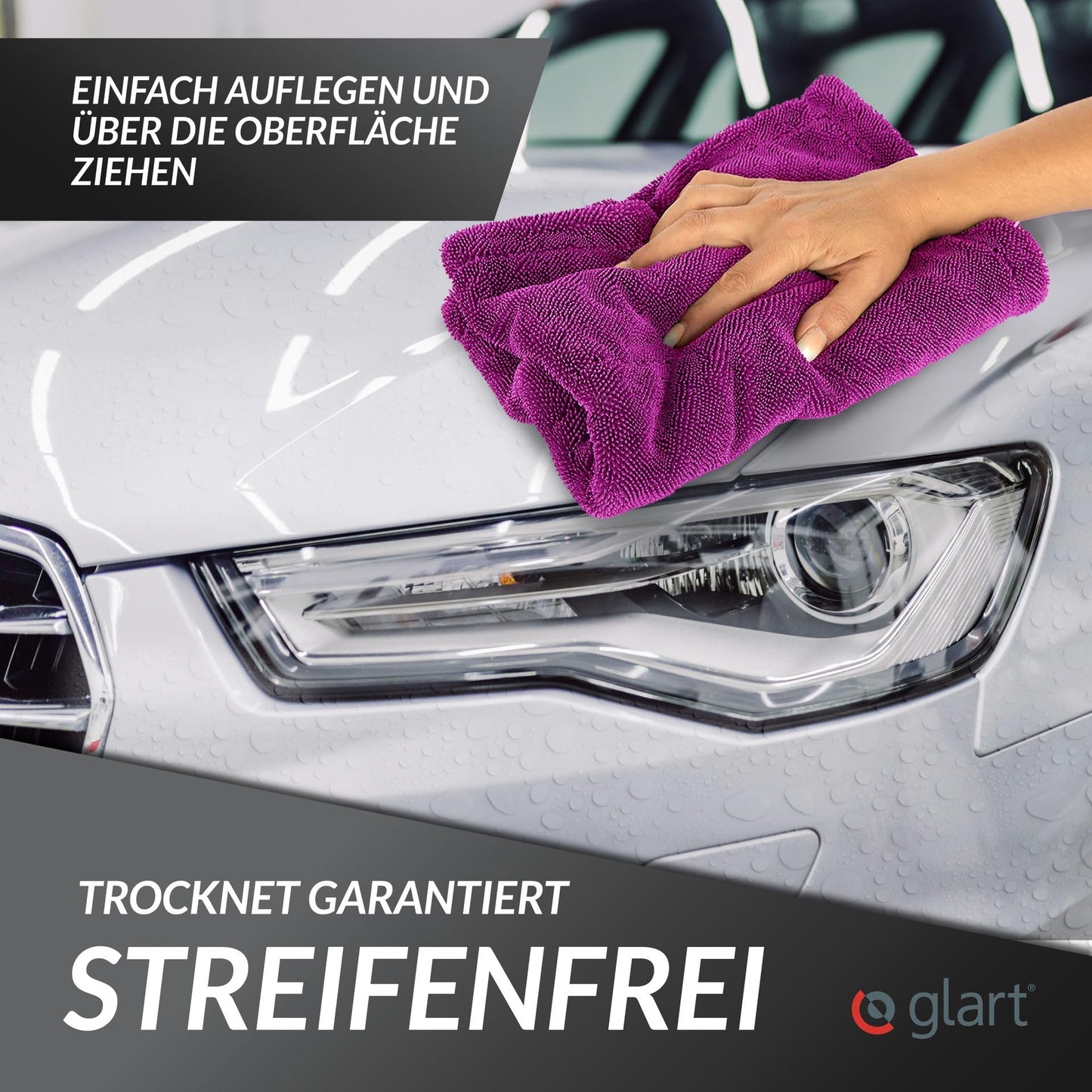 Glart Twist Car Drying Towel XXL (80x55cm) - Premium, extra absorbent, scratch-free. Ideal before car polish & after wheel brush. Large microfiber drying towel for car & motorcycle, lint-free.