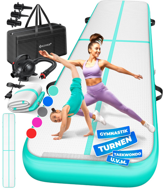 KESSER® Inflatable Airtrack Fitness Mat Gymnastics Mat | includes carrying bag & electric air pump | Yoga Mat, Tumbling Mats, Training Mat (Mint Green, 500 x 100 x 10 cm)