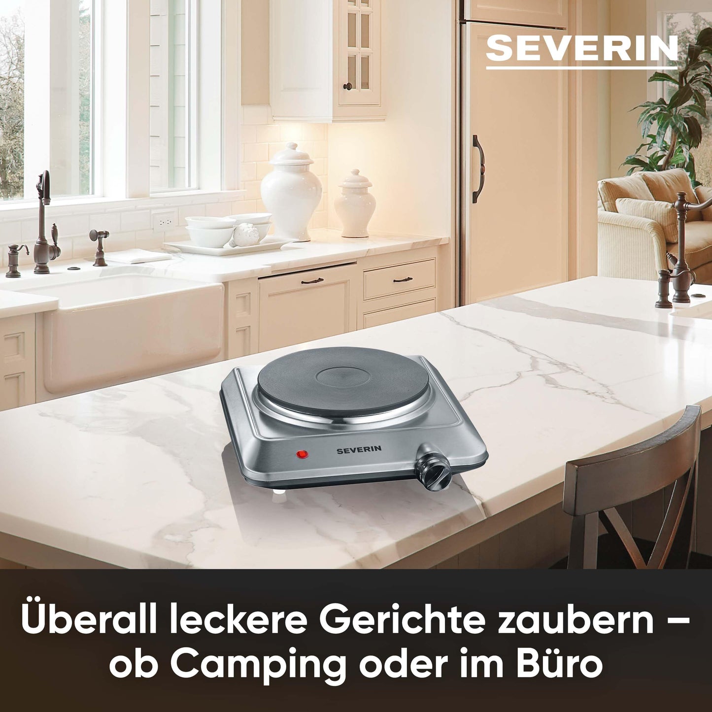 SEVERIN hot plate for kitchen, office, or camping, small stove with continuous temperature control, camping stove, heating ring with 18cm diameter, stainless steel, 1,500 W, KP 1092
