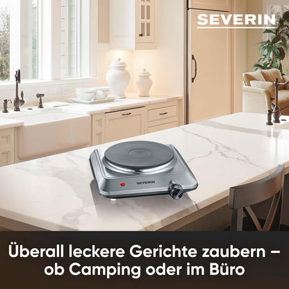 SEVERIN hot plate for kitchen, office, or camping, small stove with continuous temperature control, camping stove, heating ring with 18cm diameter, stainless steel, 1,500 W, KP 1092