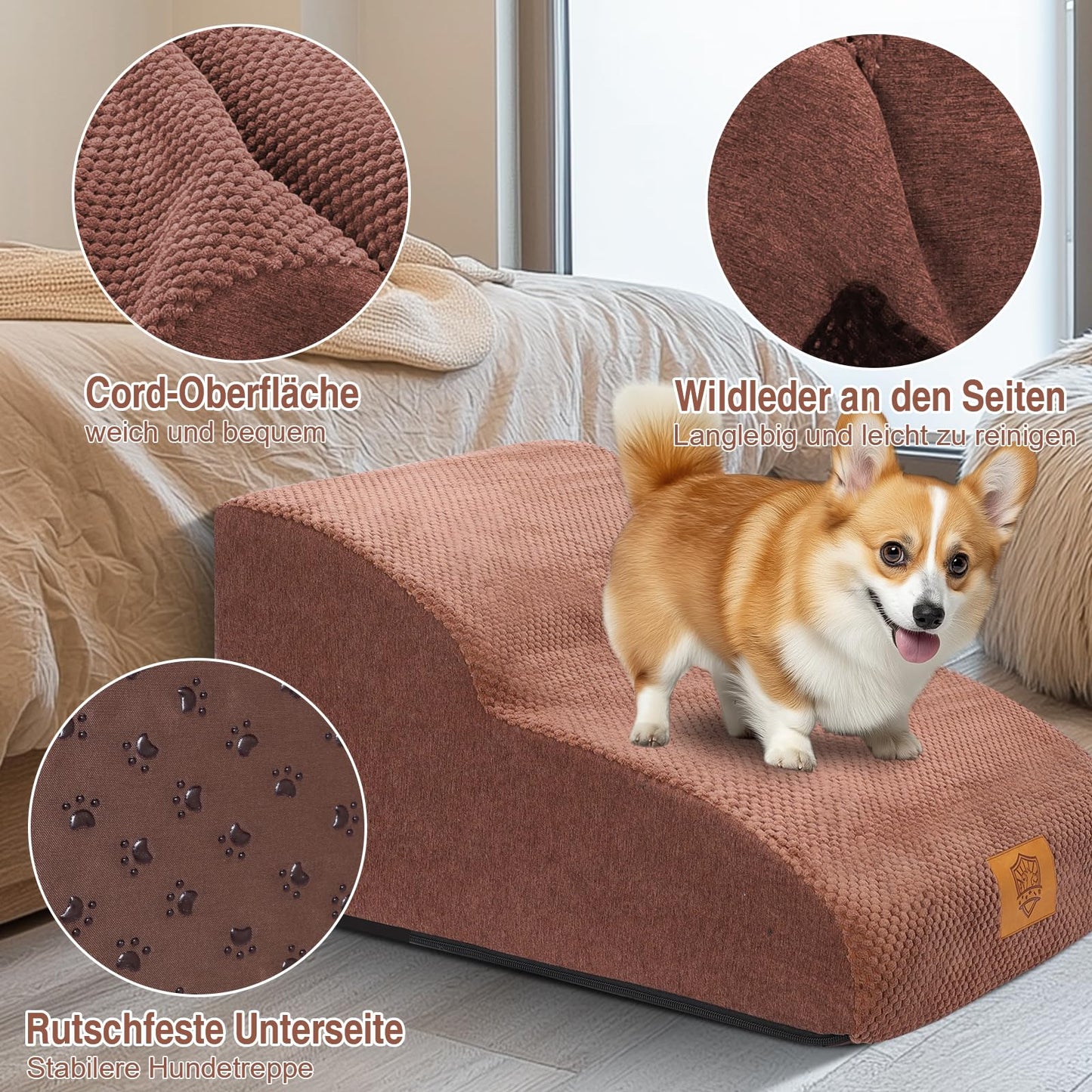 MASTERTOP Dog Stairs 2 Steps - Wide Dog Ramp Cat Stairs, High Density Foam Pet Stairs for Small Dog Teddy-Brown