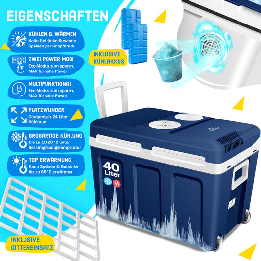KESSER® 40L Cooler with Wheels | for heating and cooling | Thermo-Electric Cooler | Mini Fridge | 12 & 230V Thermo box for car, camping & socket ECO mode | incl. Cooling packs | Navy Blue
