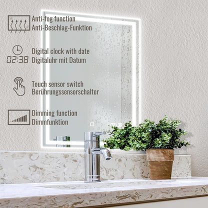 Aquamarin® LED Bathroom Mirror - 120x60 cm, Fog-free, Dimmable, Energy-saving, Digital Clock/Date, 3000-7000K - Bathroom mirror, LED mirror, light mirror, wall mirror for bathroom