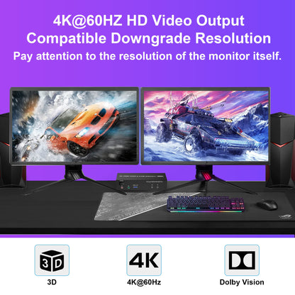KVM Switch 2 PC 2 Monitors USB 3.0, 4K@60Hz HDMI KVM Switch 2 PC 2 Monitors with audio microphone output and 3 USB 3.0 Ports, PC Monitor Keyboard Mouse Switcher