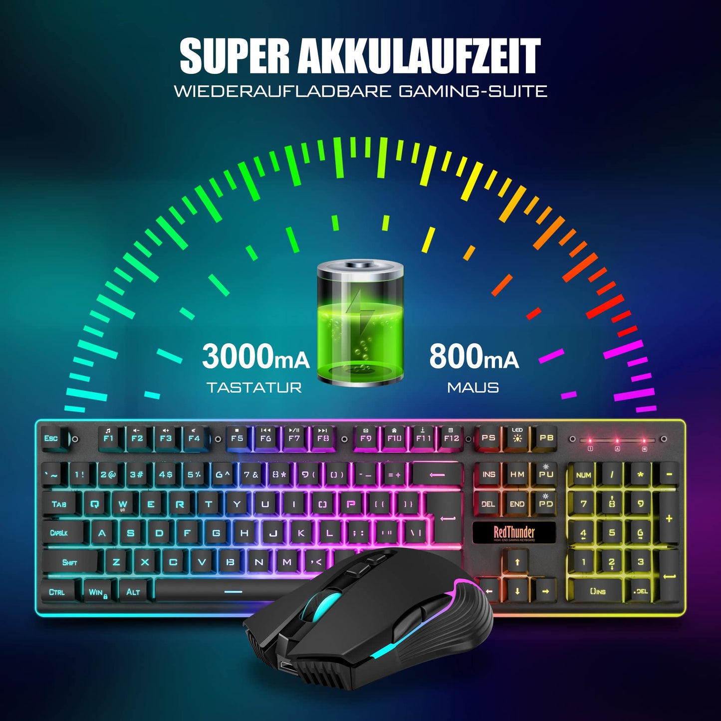 RedThunder K10 Wireless Gaming Keyboard and Mouse Set, QWERTZ DE Layout, 3000mA battery capacity and 3200 DPI for gamers (Black)