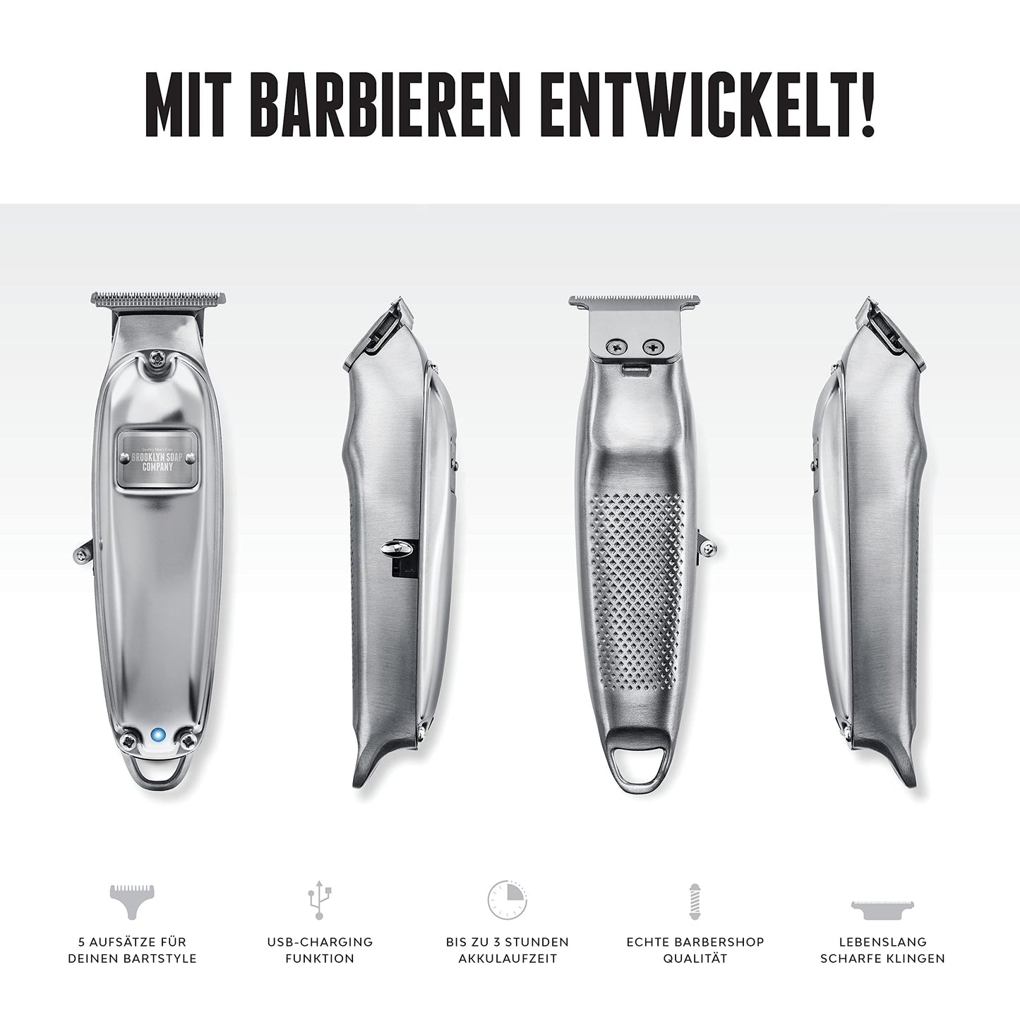 Brooklyn Blade® · Brooklyn Soap Company · Professional home beard trimmer · Stainless steel trimmer with 5 attachments for all beard lengths