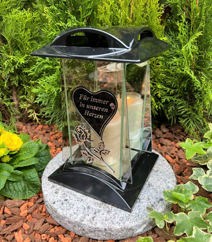 Grave lamp Lantern Grave light with design and saying - Forever in our hearts - Grave candle 27 cm H. Grave decoration New model without base, hard plastic - ACRYL - glass, black.