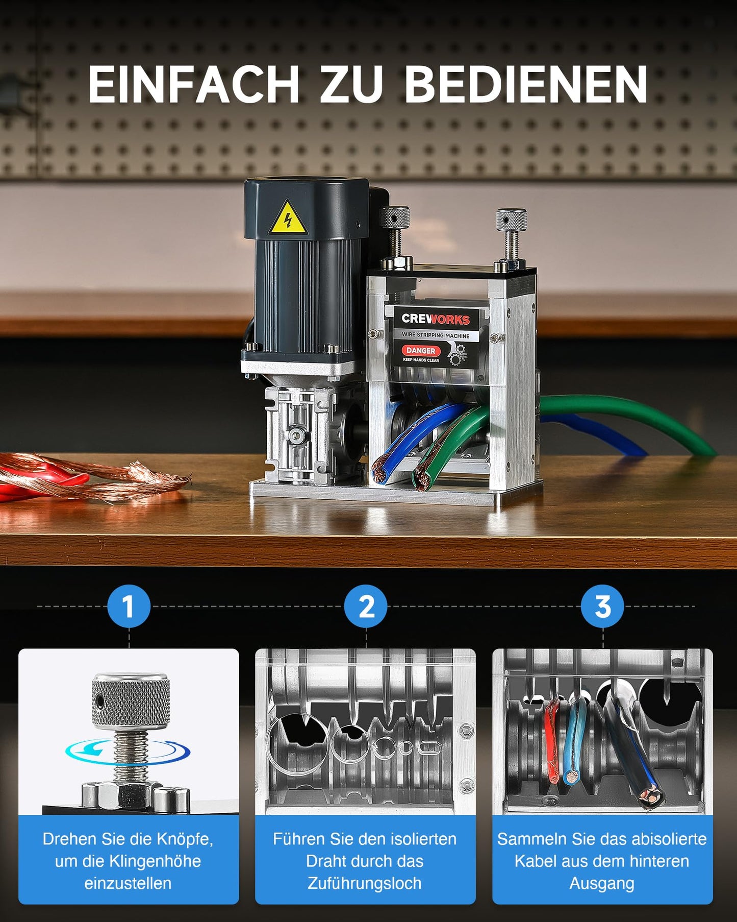 CREWORKS Electric Cable Stripping Machine 180W for 1.5-30mm copper wires, Automatic Cable Stripper Wire Stripping Tool for 0.06-1.2 inch copper wire recycling, 5-channel cable peeling machine.
