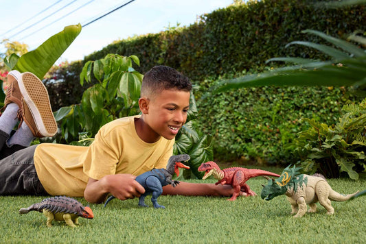 Mattel Jurassic World: The Rebirth Wild Roar Baryonyx dinosaur toy with controllable biting attack in multiple directions and roaring sound, digital gameplay options, JGC79