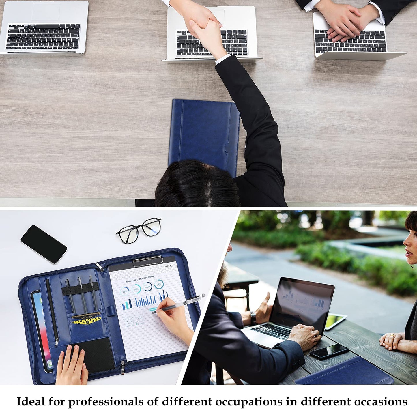 ProCase A4 Writing Pad PU Leather Conference Folder Portfolio with Zipper Clipboard Notepad Business Document Holder, lightweight, durable material - Navy