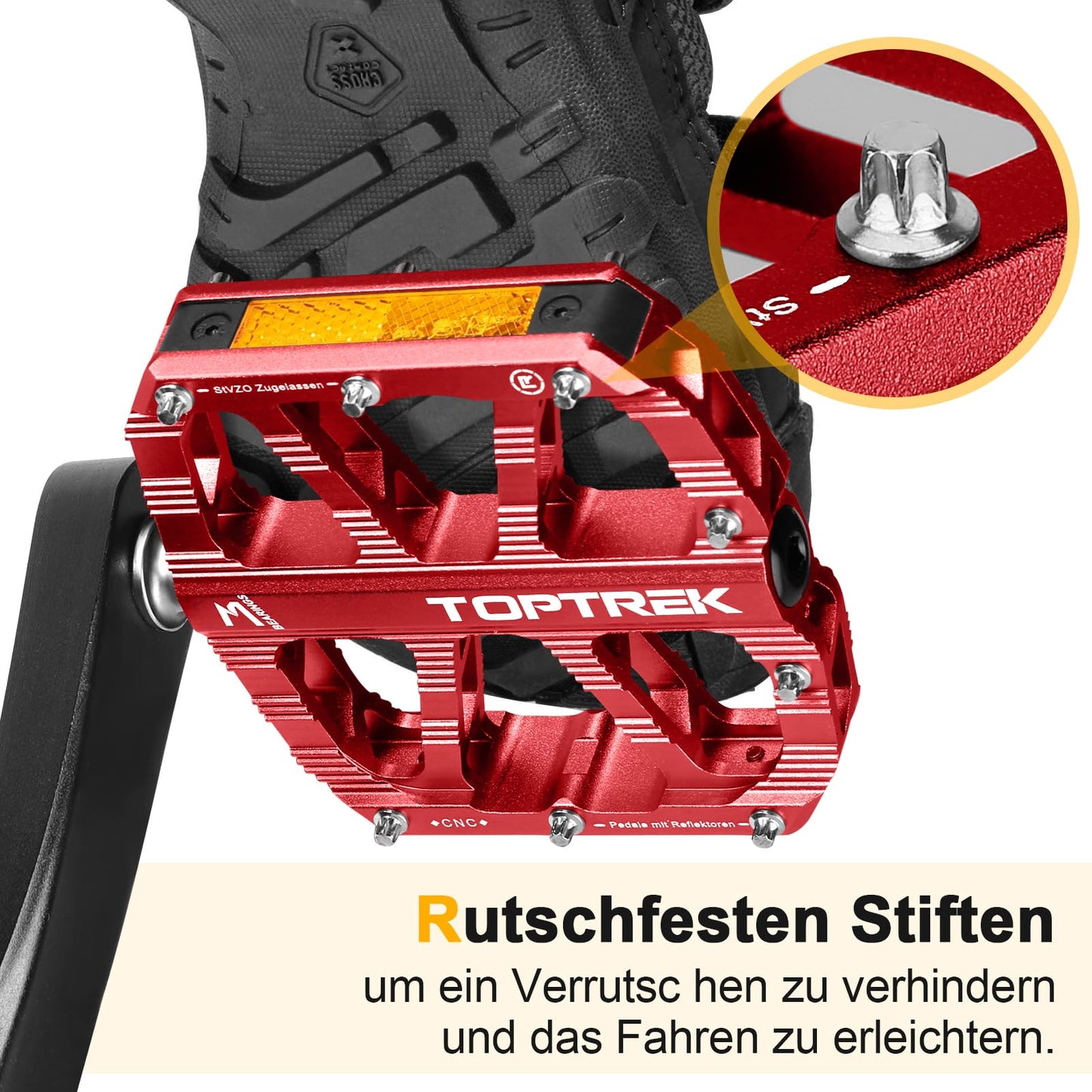 Toptrek bike pedals red with StVZO approved reflectors, CNC aluminum pedals bike MTB pedals non-slip with 3 sealed bearings for mountain bike, BMX, e-bike, road bike
