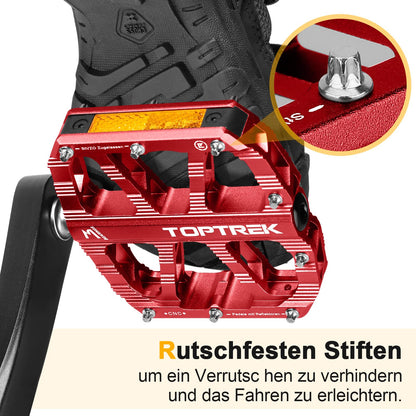 Toptrek bike pedals red with StVZO approved reflectors, CNC aluminum pedals bike MTB pedals non-slip with 3 sealed bearings for mountain bike, BMX, e-bike, road bike