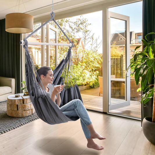 Ohuhu Hanging Chair with 2 Pillows and Ceiling Hook Kit, Outdoor XL Hammock Chair for Adults & Kids up to 150kg, Hammock Swing Suspension for Indoor/Outdoor Bedroom and Garden, Gray