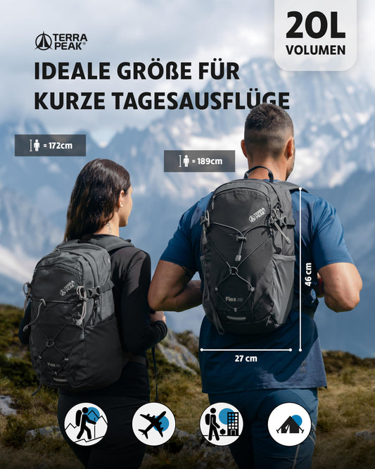 Terra Peak hiking backpack 20L Flex 20 men women gray small - outdoor backpack waterproof - backpack for hiking and camping - with integrated hydration system and laptop compartment - unisex daypack