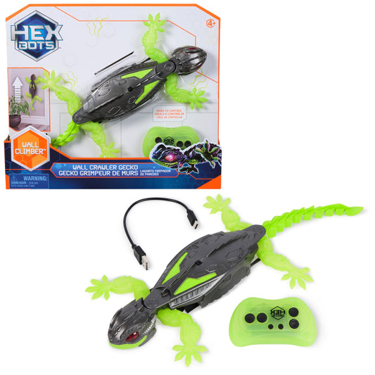 Hex Bots - Wall Crawler Gecko, remote-controlled gecko that crawls on walls and ceilings, with glowing LED eyes, remote included, realistic movements, for kids ages 4 and up.