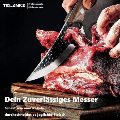TELANX 6-inch Japanese Kitchen Knife Forged - Professional kitchen knife with leather cover, finger hole & wooden handle, sharp chef's knife for meat, vegetables & grill.