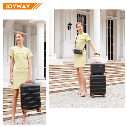 Joyway luggage set 3 pieces hard shell with 4 wheels and TSA lock. The luggage set includes 1 cosmetic case and 1 portable bag in black/brown.